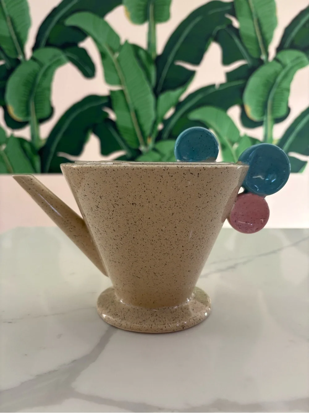 Vintage 1980s Mikasa Postmodern Speckled Teapot w/ blue and pink circle handles